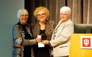 Last Lecture speaker Dr. Sherry Queener accepts an honorarium from Dee Metaj, former vice president for development, Indianapolis, at IU Foundation, and Georgia Miller, president of the IUPUI Senior Academy Board of Directors